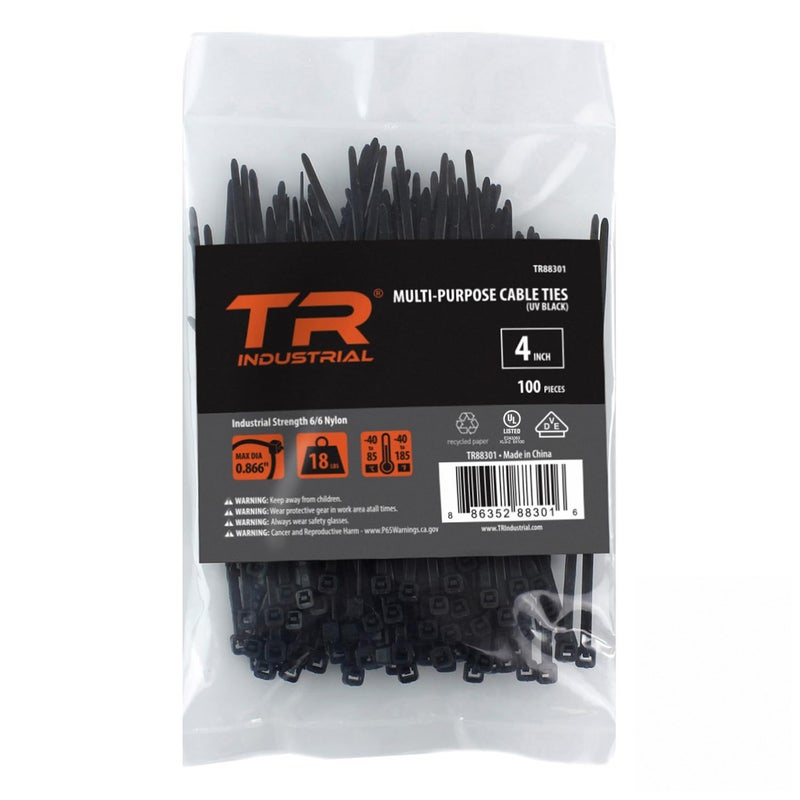 TR Industrial Multi-Purpose UV Resistant Black Cable Ties, 4 inches, 100 Pack - Image 1